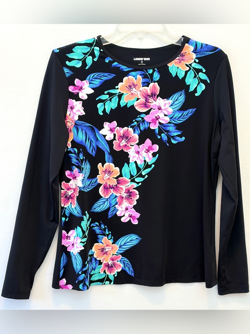 Lands' End Black Hibiscus Floral Rash Guard Swim Shirt Top UPF 50+ M